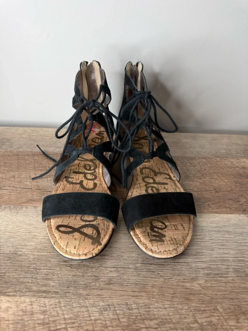 SAM EDELMAN Black Suede Dean Gladiator Sandals Lace Up Cork Zipper Size 7 - Picture 5 of 12